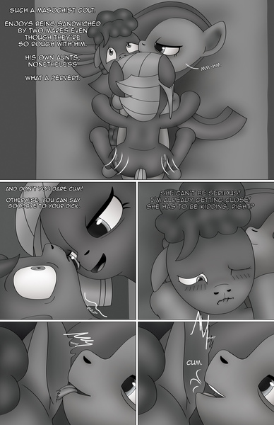 Size: 1989x3072 | Tagged: explicit, grimdark, artist:anonymousandrei, derpibooru import, li'l cheese, limestone pie, marble pie, earth pony, pony, comic:life of li'l cheese, g4, the last problem, age difference, aunt and nephew, bed, bedroom, colt, comic, derpibooru exclusive, dominant, ear licking, female, femdom, foal, foalcon, image, incest, jpeg, licking, limedom, male, malesub, mare, mare on colt, obscured penetration, older limestone pie, older marble pie, on bed, pie family home, rape, sandwiched, sex, spread legs, spreading, straight, straight shota, submissive, tongue out, trio, underage, whispering