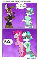 Size: 2667x4096 | Tagged: safe, artist:zephyriwolf, derpibooru import, pinkie pie, oc, anthro, earth pony, fox, pony, rabbit, g4, 2 panel comic, animal, anthro oc, anthro with ponies, comic, holding, holding a pony, image, jpeg, meta, pinkie promise, pun, swearing, twitter, twitter link, vulgar