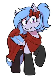 Size: 2289x3166 | Tagged: safe, artist:thebatfang, ponerpics import, oc, oc:lucky roll, bat pony, alternate hairstyle, bat pony oc, bat wings, bow, clothes, dress, image, mare fair, mare fair 2024, png, ponytail, raised hoof, red dress, smiling, snowpity inc., socks, solo, wings