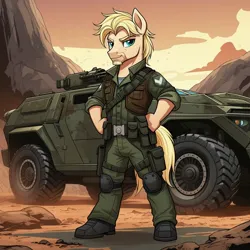 Size: 1024x1024 | Tagged: safe, ai content, derpibooru import, generator:google imagen 3.0, machine learning generated, prompter:zerowinger, jeff letrotski, anthro, earth pony, plantigrade anthro, afv, clothes, clutch, cosplay, costume, g.i. joe, hand on hip, image, jeep, jpeg, military uniform, outdoors, smiling, solo, uniform