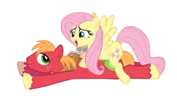 Size: 8000x4500 | Tagged: safe, anonymous artist, derpibooru import, big macintosh, fluttershy, earth pony, pegasus, pony, g4, too many pinkie pies, absurd resolution, character swap, duo, duo male and female, female, fluttermac, image, looking at each other, looking at someone, lying down, male, mare, open mouth, open smile, outdoors, png, prone, shipping, simple background, smiling, smiling at each other, sploot, stallion, straight, transparent background, vector