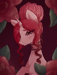 Size: 824x1076 | Tagged: safe, artist:fluffymaiden, derpibooru import, oc, oc:velvet rose, pony, unicorn, bust, female, flower, horn, image, jpeg, mare, portrait, solo