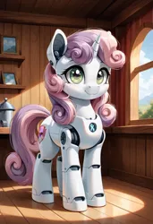 Size: 800x1169 | Tagged: safe, ai content, derpibooru import, machine learning generated, prompter:gregorymars, stable diffusion, sweetie belle, pony, robot, robot pony, unicorn, g4, :3, female, filly, foal, generator:pony diffusion v6 xl, gynoid, horn, image, indoors, jpeg, roboticization, solo, sweetie bot