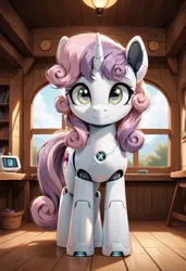 Size: 800x1169 | Tagged: safe, ai content, derpibooru import, machine learning generated, prompter:gregorymars, stable diffusion, sweetie belle, pony, robot, robot pony, unicorn, g4, :3, female, filly, foal, generator:pony diffusion v6 xl, gynoid, horn, image, indoors, jpeg, roboticization, solo, sweetie bot