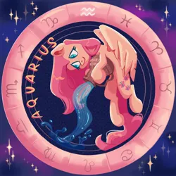 Size: 2000x2000 | Tagged: safe, artist:irisikiki, derpibooru import, part of a set, fluttershy, pegasus, pony, g4, aquarius, colored pupils, female, high res, image, jpeg, jug, mare, smiling, solo, stars, water, zodiac