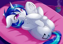 Size: 1920x1357 | Tagged: suggestive, artist:fearingfun, edit, vinyl scratch, latex pony, original species, pony, unicorn, /mlp/, 4chan, bedroom eyes, butt, coffee, coffee mug, come hither, dock, featureless crotch, female, floppy ears, holding legs, image, latex, latex skin, looking at you, mare, mug, nudity, on back, plot, png, presenting, smiling, solo, underhoof