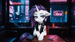 Size: 1920x1080 | Tagged: safe, ai content, derpibooru import, machine learning generated, prompter:ramprover, stable diffusion, rarity, pony, unicorn, g4, :3, alternate hairstyle, chest fluff, clothes, cyberpunk, ear fluff, ear piercing, earring, female, floppy ears, generator:pony diffusion v6 xl, horn, image, jewelry, lidded eyes, mare, neon, piercing, png, sitting, solo