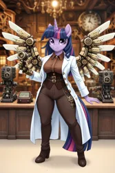 Size: 768x1152 | Tagged: safe, ai content, derpibooru import, machine learning generated, stable diffusion, twilight sparkle, twilight sparkle (alicorn), alicorn, anthro, g4, amputee, artificial wings, augmented, boots, bustier, clock, clothes, derpibooru exclusive, image, lab coat, machine, pants, png, prompter:professordoctorc, prosthetic arm, prosthetic limb, prosthetic wing, prosthetics, shoes, steampunk, wings