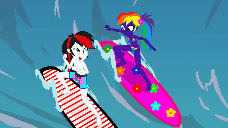 Size: 3500x1968 | Tagged: safe, artist:star-armour95, derpibooru import, oc, oc:rainbow flower, oc:red arrow, equestria girls, g4, female, image, male, ocean, png, surfboard, surfing, water, wave