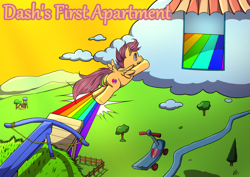 Size: 4092x2893 | Tagged: safe, artist:natt333, author:shakespearicles, derpibooru import, scootaloo, pegasus, pony, fanfic:dash's first apartment, building, cloud, cloud house, cover art, crossbow, evening, eyebrows, eyelashes, eyes open, female, fence, filly, foal, grass, grass field, happy, high res, house, image, implied bow hothoof, implied incest, implied rainbow dash, implied unbirthing, implied windy whistles, logo, mountain, number, open mouth, outdoors, png, rainbow, ramp, river, scooter, shadow, shakespearicles, shield, signature, sky, solo, spread wings, starry eyes, swing, teeth, text, tree, wall of tags, water, weapon, wingding eyes, wings