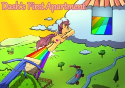 Size: 4092x2893 | Tagged: safe, artist:natt333, author:shakespearicles, derpibooru import, scootaloo, pegasus, pony, fanfic:dash's first apartment, building, cloud, cloud house, cover art, crossbow, evening, eyebrows, eyelashes, eyes open, female, fence, filly, foal, grass, grass field, happy, high res, house, image, implied bow hothoof, implied incest, implied rainbow dash, implied unbirthing, implied windy whistles, logo, mountain, number, open mouth, outdoors, png, rainbow, ramp, river, scooter, shadow, shakespearicles, shield, signature, sky, solo, spread wings, starry eyes, swing, teeth, text, tree, wall of tags, water, weapon, wingding eyes, wings