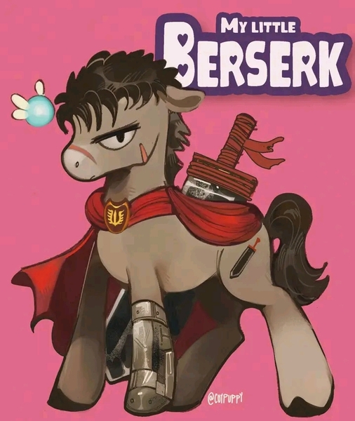 Size: 720x854 | Tagged: safe, artist:coypuppy, derpibooru import, ponified, earth pony, parasprite, pony, berserk, cape, clothes, guts (berserk), image, jpeg, scar, sword, weapon