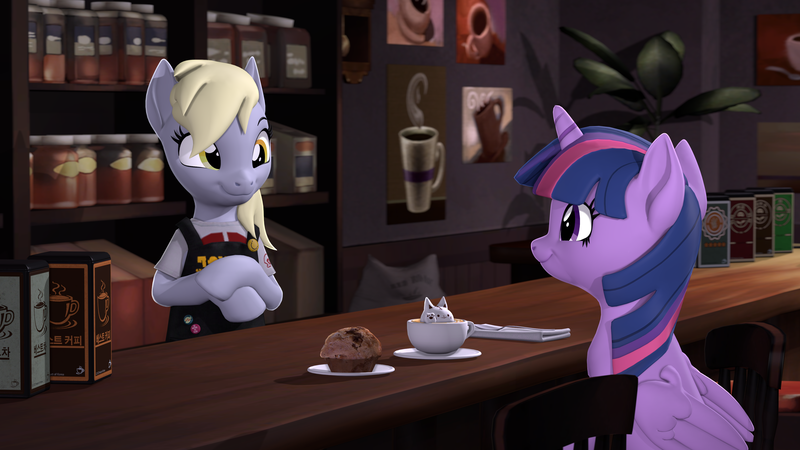 Size: 3840x2160 | Tagged: safe, artist:owlpirate, derpibooru import, derpy hooves, twilight sparkle, twilight sparkle (alicorn), alicorn, pegasus, pony, g4, 3d, 4k, barista, cafe, coffee, coffee cup, cup, cute, derpabetes, duo, duo female, female, food, high res, image, indoors, latte, looking at each other, looking at someone, mare, muffin, png, smiling, smiling at each other, source filmmaker, twiabetes