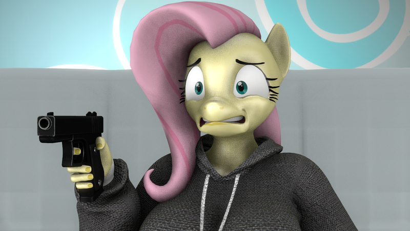 Size: 1280x720 | Tagged: safe, artist:warhammer50k, derpibooru import, fluttershy, anthro, pegasus, g4, 3d, breasts, busty fluttershy, clock, funny face, gun, handgun, holding a gun, image, jumper, png, scared, shiny skin, solo, source filmmaker, sweat, weapon