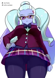 Size: 1185x1683 | Tagged: suggestive, artist:twilite-sparkleplz, derpibooru import, sugarcoat, human, equestria girls, g4, breasts, busty sugarcoat, clothes, crystal prep academy uniform, female, glasses, hand on hip, image, looking at you, looking down, looking down at you, pigtails, png, school uniform, skirt, solo, twintails