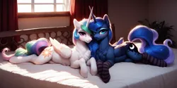 Size: 2048x1024 | Tagged: safe, ai content, anonymous prompter, derpibooru import, machine learning generated, princess celestia, princess luna, alicorn, pony, g4, bed, chest fluff, clothes, curtains, cute, cutelestia, duo, duo female, ear fluff, female, fluffy, image, indoors, lunabetes, lying down, pillow, plant, png, prone, socks, striped socks, window