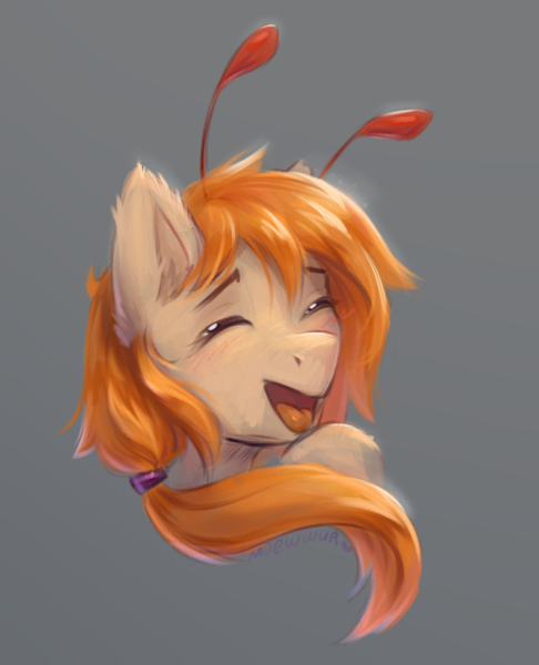 Size: 1500x1850 | Tagged: safe, artist:moewwur, artist:rin-mandarin, derpibooru import, oc, oc:svatya, unofficial characters only, pony, bust, happy, image, long hair, orange mane, png, portrait, redhead, smiling, solo, tail, tendrils, tongue out