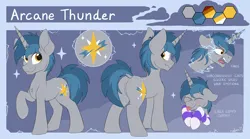 Size: 3000x1668 | Tagged: safe, artist:arcane-thunder, derpibooru import, oc, oc:arcane thunder, unofficial characters only, pony, unicorn, blushing, butt, chest fluff, clothes, eyes closed, floppy ears, horn, image, male, not stygian, plot, png, reference sheet, socks, solo, stallion, striped socks, tongue out, unicorn oc