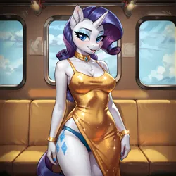 Size: 2400x2400 | Tagged: suggestive, ai content, derpibooru import, machine learning generated, prompter:infernum, stable diffusion, rarity, anthro, unicorn, series:train fun, g4, blushing, bracelet, breasts, choker, clothes, cloud, day, dress, erect nipples, evening dress, female, generator:pony diffusion v6 xl, horn, image, jewelry, looking at you, nipple outline, panties, png, sky, smiling, smiling at you, solo, solo female, thong, train, underwear, window