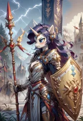 Size: 800x1160 | Tagged: safe, ai content, derpibooru import, machine learning generated, prompter:vtaviscratch, rarity, anthro, armor, boob window, breasts, cleavage, ear piercing, earring, fantasy, horn, horn ring, image, jewelry, jpeg, knight, piercing, ring, shield, spear, weapon