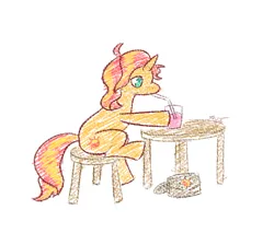 Size: 2000x1700 | Tagged: safe, artist:zoeyhorse, derpibooru import, sunset shimmer, pony, unicorn, g4, bag, drink, drinking, drinking straw, female, horn, image, mare, png, saddle bag, simple background, sitting, solo, table, traditional art emulation, white background