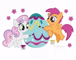 Size: 500x392 | Tagged: safe, derpibooru import, official, scootaloo, sweetie belle, pegasus, pony, unicorn, g4, cute, duo, duo female, easter, easter egg, female, filly, flower, flying, foal, holiday, horn, image, jpeg, paint, painting, raised hoof, raised hooves, scootaloo can fly, simple background, smiling, standing on two hooves, stock vector, white background