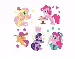 Size: 500x392 | Tagged: safe, derpibooru import, official, fluttershy, pinkie pie, scootaloo, twilight sparkle, earth pony, pegasus, pony, unicorn, g4, balancing, bipedal, birthday cake, cake, cupcake, cute, female, filly, flower, foal, food, hat, heart, image, jpeg, mare, party hat, present, scootaloo can fly, simple background, smiling, spread wings, stock vector, three toned mane, trio, trio female, unicorn twilight, white background, wings