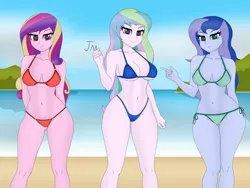 Size: 4096x3072 | Tagged: suggestive, artist:ticonderoka, derpibooru import, apple bloom, princess cadance, princess celestia, princess luna, scootaloo, sweetie belle, human, equestria girls, g4, beach, belly button, bikini, breasts, clothes, cutie mark crusaders, dean cadance, female, image, looking at you, ocean, png, principal celestia, sexy, smiling, smiling at you, solo, swimsuit, trio, trio female, vice principal luna, water