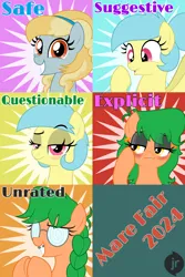 Size: 4096x6144 | Tagged: safe, artist:niggerfaggot, derpibooru import, oc, oc:fair flyer, oc:matinée, oc:morning mimosa, oc:soirée, earth pony, pegasus, alternate hairstyle, bedroom eyes, braid, braided ponytail, earth pony oc, eyeshadow, female, glasses, headband, image, makeup, mare fair, pegasus oc, png, ponytail, rating, smiling, snowpity inc., swirly glasses, vector, wings