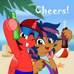 Size: 5000x5000 | Tagged: safe, artist:jhayarr23, derpibooru import, oc, oc:lightning t bolt, oc:solar comet, alicorn, pegasus, pony, starfish, beach, beach ball, bow, boyfriend and girlfriend, cheers, clothes, couple, drink, female, hair bow, horn, image, leotard, male, mare, ocean, palm tree, png, sandcastle, soda, stallion, sunglasses, swimming trunks, swimsuit, tree, water, wings