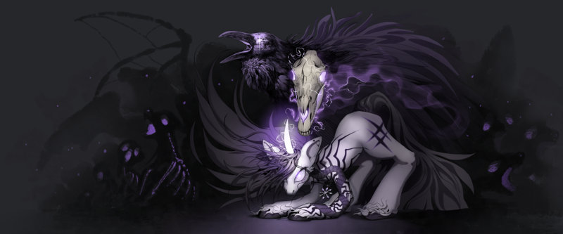 Size: 5739x2388 | Tagged: safe, artist:blazingstred, derpibooru import, oc, oc:isabelle bane, bird, crow, undead, unicorn, fanfic:iron hearts, amulet, chaos star, creepy, dark magic, horn, image, jewelry, magic, necromancer, necromancy, png, skull, unicorn oc