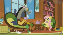 Size: 1920x1080 | Tagged: safe, derpibooru import, screencap, discord, fluttershy, twilight sparkle, draconequus, pegasus, g4, make new friends but keep discord, book, cup, duo, duo male and female, female, fluttershy's cottage, image, jpeg, male, sitting, teacup, teapot