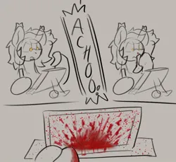 Size: 964x883 | Tagged: safe, artist:reddthebat, derpibooru import, oc, oc:reddthebat, unofficial characters only, pony, blood, comic, drawing tablet, female, gray background, image, jpeg, mare, nosebleed, partial color, simple background, sneezing, solo