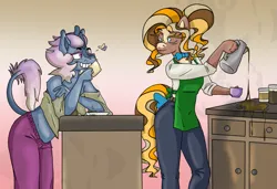 Size: 1201x820 | Tagged: safe, artist:susfully_inspired, derpibooru import, oc, oc:caramel.m, oc:pasteldusk, unofficial characters only, anthro, earth pony, human, kirin, pony, barista, coffee, cup, earth pony oc, humanized, image, kirin oc, lgbt, png, simple background, teacup