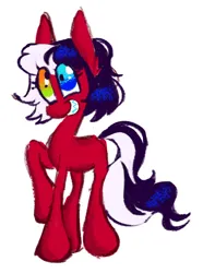 Size: 1440x1934 | Tagged: safe, artist:peaceandlove26, artist:twinklewish, derpibooru import, oc, oc:domino checkerchip, unofficial characters only, earth pony, pony, 2022, bangs, big eyes, big grin, big hooves, black and white mane, black and white tail, blank flank, bobcut, earth pony oc, eye clipping through hair, eyelashes, female, female oc, grin, heterochromia, image, long tail, mare oc, old art, png, red coat, shiny mane, shiny tail, short hair, short mane, simple background, smiling, tail, tall ears, three quarter view, two toned mane, two toned tail, white background