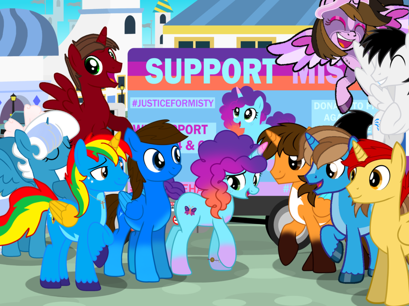 Size: 1024x768 | Tagged: safe, artist:bluemario11, derpibooru import, oc, oc:blue thunder, oc:ej, oc:princess kincade, oc:rogan, oc:shane park, oc:shield wing, oc:sunlight mist, g4, g5, g5 to g4, generation leap, image, justice for misty, misty brightdawn, png, rebirth misty