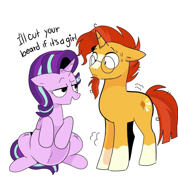 Size: 2048x2048 | Tagged: safe, derpibooru import, starlight glimmer, sunburst, pony, unicorn, baby, baby pony, beard, belly, facial hair, female, glasses, horn, image, jpeg, luster dawn is starlight's and sunburst's daughter, male, mare, offspring, original art, parent:starlight glimmer, parent:sunburst, parents:starburst, pregnant, shipping, simple background, starburst, straight, white background