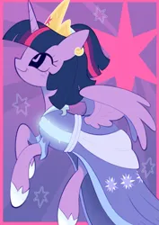 Size: 1447x2048 | Tagged: safe, artist:risswm, derpibooru import, twilight sparkle, twilight sparkle (alicorn), alicorn, pony, g4, the last problem, clothes, coronation dress, crown, cutie mark background, dress, female, image, jewelry, looking up, mare, no sclera, png, profile, rearing, regalia, second coronation dress, smiling, solo