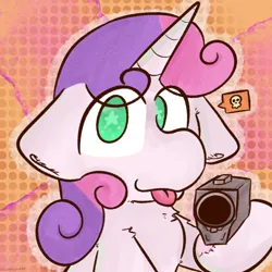 Size: 2048x2048 | Tagged: safe, artist:felixmcfurry, derpibooru import, sweetie belle, pony, unicorn, g4, :p, cute, diasweetes, emoji, female, filly, floppy ears, foal, gun, horn, image, looking at you, outline, png, pointing gun, skull, solo, this will end in death, this will end in tears, this will end in tears and/or death, tongue out, weapon, white fur, white outline, 💀