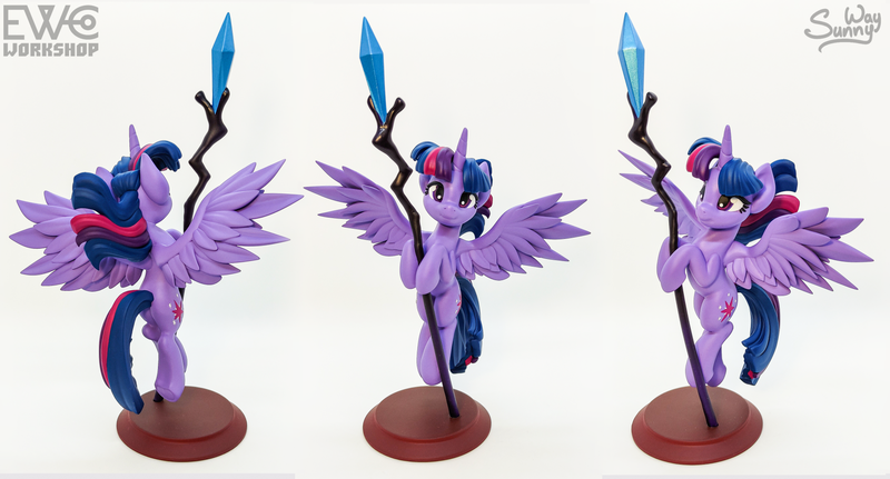 Size: 2000x1077 | Tagged: safe, artist:sunny way, derpibooru import, twilight sparkle, twilight sparkle (alicorn), alicorn, g4, my little pony: the movie, 3d print, 3d printing, craft, ewc workshop, figurine, flying, horn, image, irl, painting, photo, png, sculpture, shiny, solo, spread wings, staff, staff of sacanas, statue, stick, wings