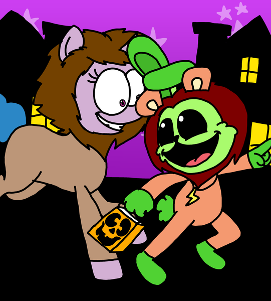 Size: 3023x3351 | Tagged: safe, artist:professorventurer, derpibooru import, izzy moonbow, g5, bag, candy bag, halloween, holiday, hoppy hopscotch, houses, image, lion costume, neighborhood, night, png, requested art, smiling critters