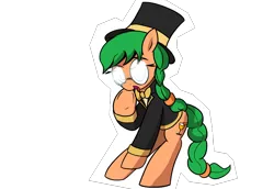 Size: 5800x4000 | Tagged: safe, artist:vultraz, ponerpics import, oc, oc:morning mimosa, earth pony, pony, bowtie, female, hat, image, looking at you, mare, mare fair, mare fair 2024, png, simple background, snowpity inc., solo, top hat, transparent background