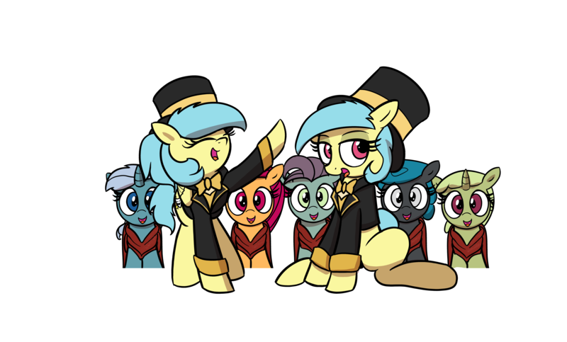 Size: 5800x3500 | Tagged: safe, artist:vultraz, ponerpics import, oc, oc:matinée, oc:soirée, earth pony, pegasus, pony, bowtie, clothes, dress, female, hat, image, looking at you, mare, mare fair, mare fair 2024, png, raised hoof, simple background, snowpity inc., top hat, transparent background