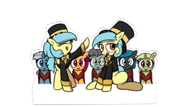 Size: 5800x3500 | Tagged: safe, artist:vultraz, ponerpics import, oc, oc:matinée, oc:soirée, earth pony, pegasus, pony, bowtie, clothes, dress, female, hat, image, looking at you, mare, mare fair, mare fair 2024, png, raised hoof, simple background, snowpity inc., top hat, transparent background