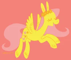 Size: 2060x1754 | Tagged: safe, artist:greengrizz, artist:horseytown, derpibooru import, fluttershy, pegasus, pony, eyes closed, flower, flower in hair, flying, happy, image, open mouth, pink background, png, signature, simple background, solo, unshorn fetlocks