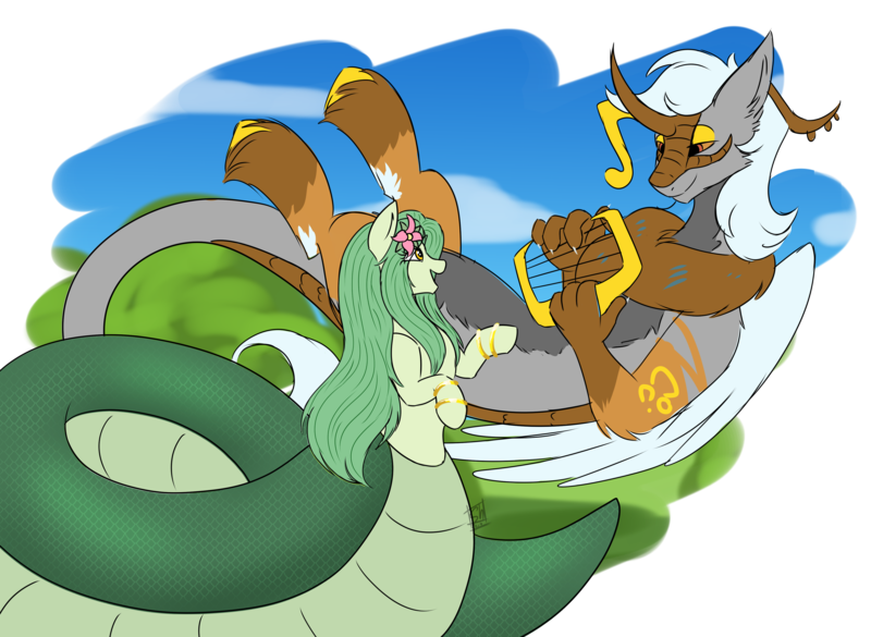 Size: 4100x3000 | Tagged: safe, artist:shamy-crist, derpibooru import, oc, oc:apollo, oc:lamey, unofficial characters only, draconequus, lamia, original species, snake, snake pony, big tail, bracelet, curved horn, duo, duo male and female, fat tail, female, flower, flower in hair, folded wings, gold bracelet, horn, image, jewelry, lidded eyes, long mane, looking at each other, looking at someone, lyre, male, musical instrument, neck fluff, png, signature, smiling, smiling at each other, snakepony, tail, wings