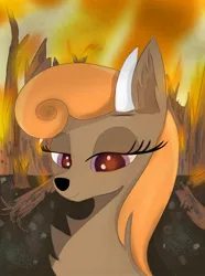 Size: 780x1050 | Tagged: safe, artist:wornpaladin, artist:worny, derpibooru import, oc, oc:viira lehtola, deer, arson, bad, bad end, bedroom eyes, burning, deer oc, dirt, dirty, evil, evil grin, fire, forest, forest background, grin, horn, image, jpeg, nature, non-pony oc, orange mane, purple eyes, smiling, tree