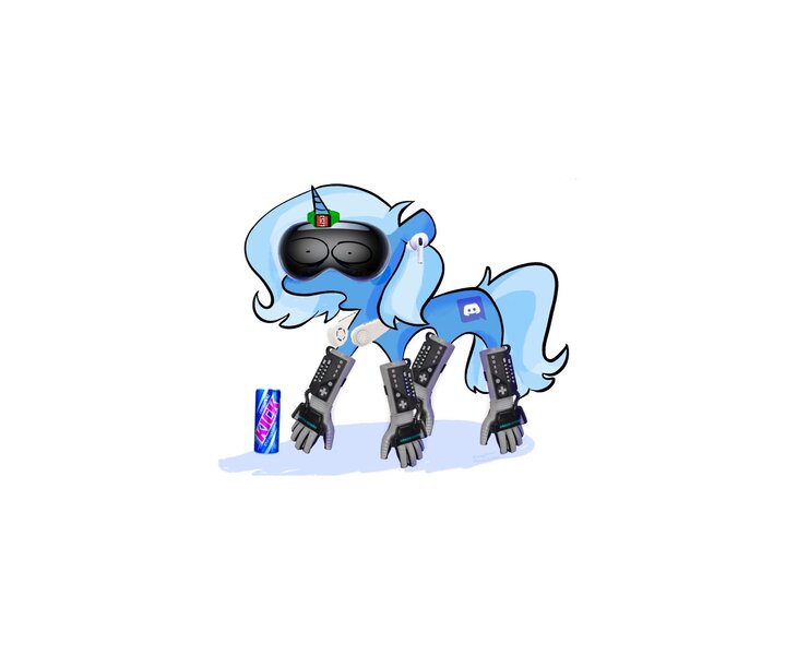 Size: 2048x1684 | Tagged: safe, artist:falloutfurret, derpibooru import, trixie, pony, unicorn, g4, discord (program), drink, energy drink, female, horn, image, jpeg, mare, power glove, simple background, soda can, solo, vr headset, watch, white background, wristwatch