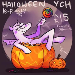 Size: 2048x2048 | Tagged: safe, artist:falloutfurret, derpibooru import, alicorn, pony, candy, commission, food, halloween, holiday, image, jack-o-lantern, jpeg, lidded eyes, lollipop, looking at you, pumpkin, smiling, smiling at you, solo, suddenly hands, your character here