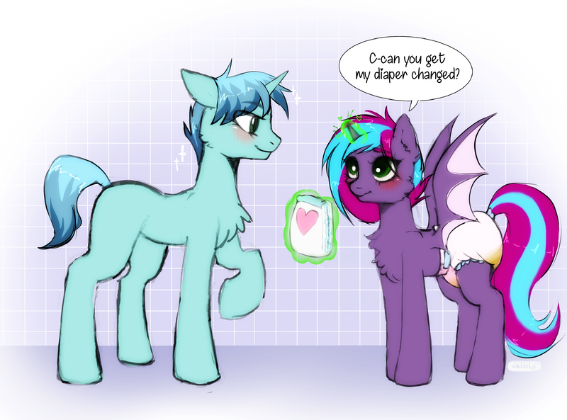 Size: 3425x2539 | Tagged: questionable, artist:vaiola, derpibooru import, oc, oc:cloud twist, alicorn, earth pony, pony, big eyes, blushing, chest fluff, commission, cute, diaper, diaper fetish, duo, eyebrows, female, fetish, full body, happy, horn, image, magic, mare, non-baby in diaper, png, poofy diaper, shy, simple background, speech bubble, tail, text, urine, wet diaper, wings, ych result